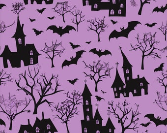 Purple Gothic Halloween Wrapping Paper: Bats & Haunted Houses