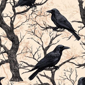 Raven Wrapping Papers, Halloween Wrapping Paper, Detailed Raven and Trees Wrapping Paper, Raven Art Prints