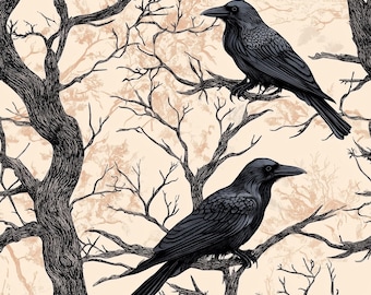 Detailed Raven and Trees Wrapping Paper, Halloween Gift Wrap