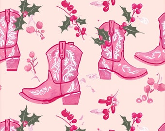 Christmas Cowgirl Wrapping Papers, Coastal Cowgirl Pink Boot Wrapping Paper, Gift Wrap for Country Lover, Christmas Vintage Wrapping Paper