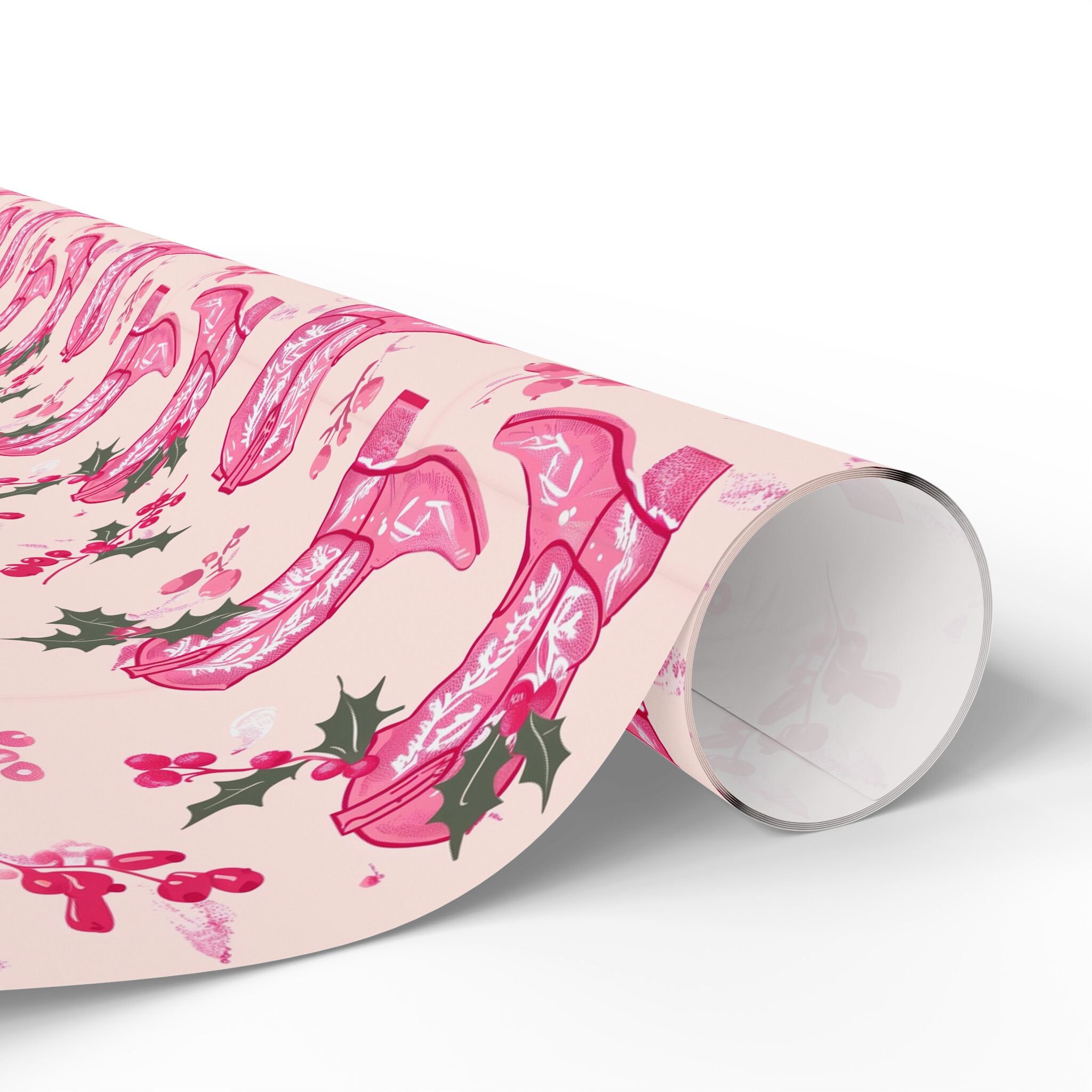 Western Cowgirl Wrapping Paper - 6 Sheets Pink Disco Cactus Boots Pattern For Birthday & Party Gifts