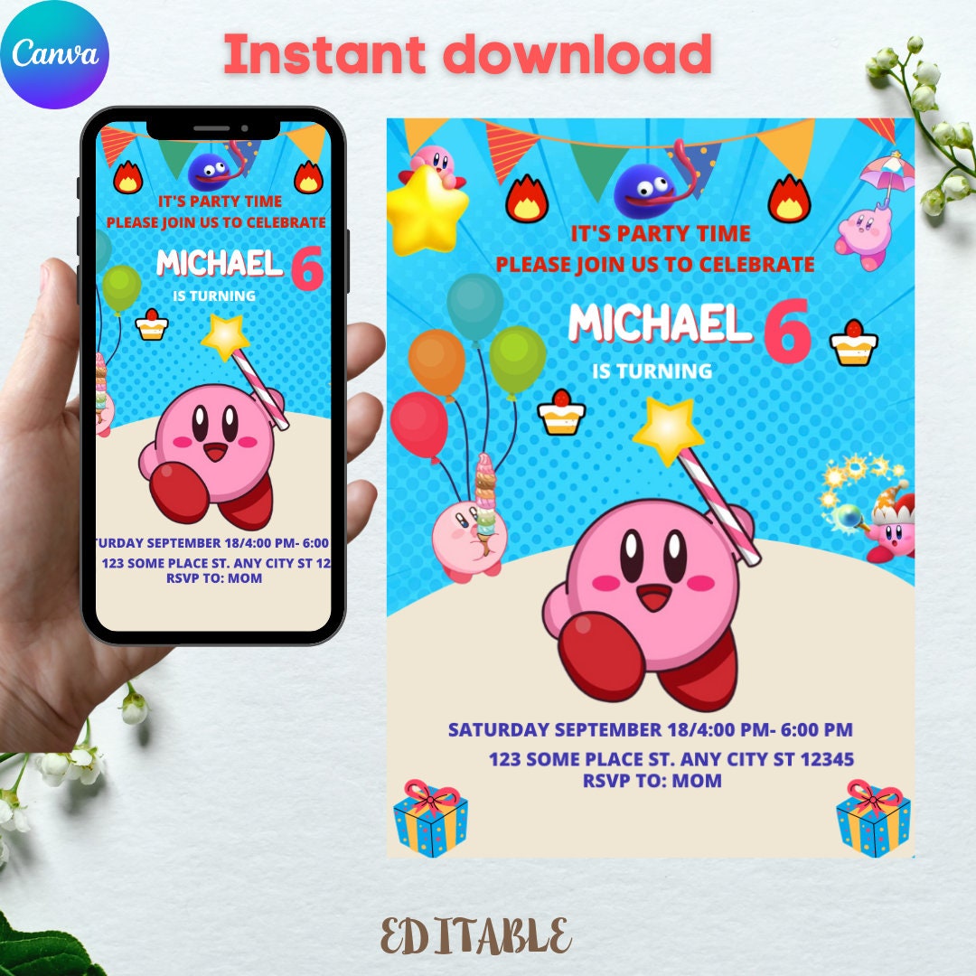 Editable Kirby Birthday Invitation Template Printable Etsy