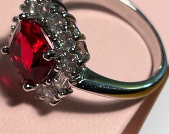 Red Ruby Silver Plated Ring: Women's Engagement Ring