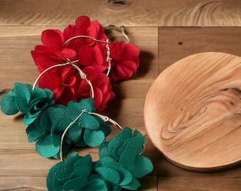 Fabric Rose Hoop Earrings: Red, Yellow, Green Bohemia