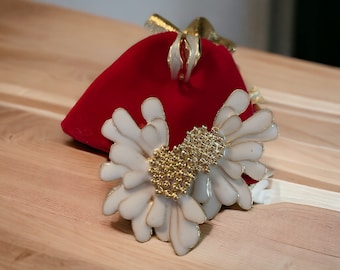 Fancy White Enamel Earrings With an adjustable Ring