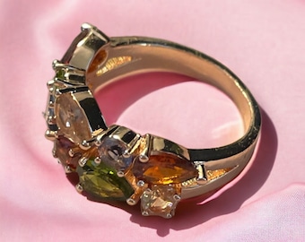 Gold Plated Multi-Stone Ring: Colorful Vintage Style
