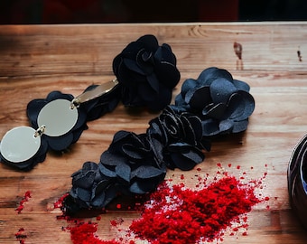 Fancy Fabric Drop Flower Earrings in Black and Pink