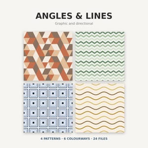 Könnte beinhalten: Eine digitale Sammlung mit dem Titel ANGLES & LINES Graphic and directional, die vier verschiedene Muster enthält: ein geometrisches Dreiecksdesign in Orange und Braun, ein grünes Zickzackmuster, ein blaues quadratisches Gitter und goldene Wellenlinien.