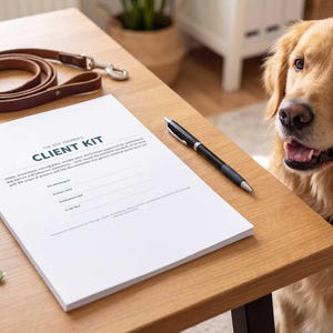 May include: A white document titled CLIENT KIT with lines for information, a black ballpoint pen, a brown leather leash, a small bowl of treats, and a beige waste bag dispenser with a green bag, all arranged on a wooden surface near a golden dog.