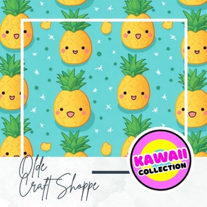 Archivo de patrón sin costuras, linda piña de dibujos animados Kawaii sobre fondo azul, patrón textil de papel digital de frutas tropicales, guardería para bebés JPEG PNG