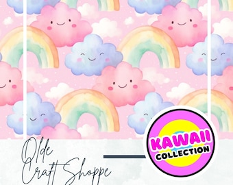 Watercolor Cute Happy Clouds and Rainbow Seamless Pattern File, Digital Paper, Textile Fabric, Baby Nursery, Kids JPG, PNG