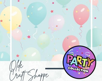 Seamless Pattern File, Pastel Party Balloons on Blue Background, Digital Paper, Textile Fabric Pattern, Happy Birthday, PNG, JPG