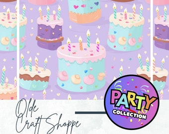 Seamless Repeating Pattern File, Pastel Birthday Cake on Purple Background, Digital Paper, Happy Birthday Party, PNG JPG