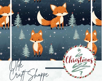 Seamless Pattern File, Cute Christmas Fox with Trees and Snow Background, Noel, Winter, Eve, Night, Digital Paper, Textile Fabric, Kids PNG