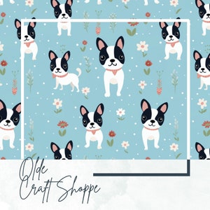 Seamless Pattern File, Cute Cartoon Boston Terrier Puppies and Flowers, Digital Paper Print, Textile Pattern, Baby Nursery, Kids, JPEG, PNG