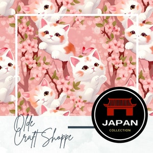 Nahtloses Muster, Kawaii niedliches Cartoon weißes Kätzchen und Sakura auf rosa Hintergrund, Japanisch, Neko, Digitales Papier, Textilmuster, PNG, JPEG