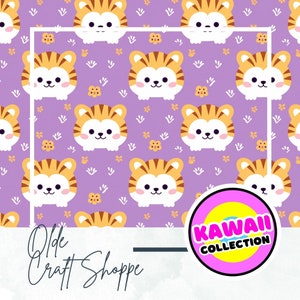 Archivo de patrón sin costuras, lindo tigre de dibujos animados kawaii sobre fondo morado, animal de safari, papel digital, patrón textil, guardería para bebé, JPEG PNG