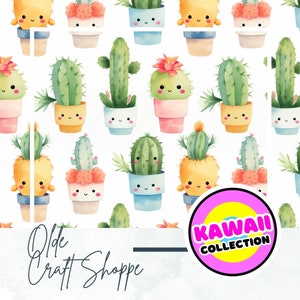 File di modello senza soluzione di continuità, acquerello carino kawaii pastello cartone animato cactus, carta digitale, tessuto tessile, cameretta per bambini, bambini, PNG, JPEG