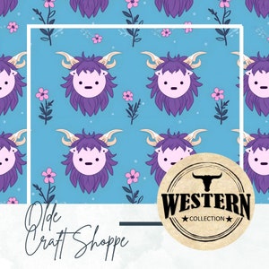 Western Seamless Pattern, Purple Cartoon Highland Cow with Pink Wildflowers on Blue Background, Digital Paper, Textile Pattern, Baby Nursery