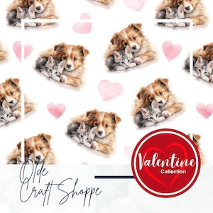 Seamless Repeating Pattern Tile File, Watercolor Cute Puppy and Kitten Snuggling, Anniversary, Valentine's Day, Digital Paper, Textile, PNG