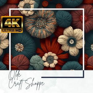 4K Seamless Pattern File , Wool Yarn Flowers, Fall Winter Colors, Digital Paper, 3D Texture, Textile Pattern, Fabric, JPEG, PNG