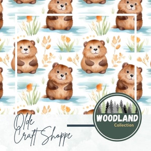 Seamless Pattern File, Watercolor Cute Baby Beaver, Woodland Creature Animal, Forest, Digital Paper Textile pattern, JPG PNG