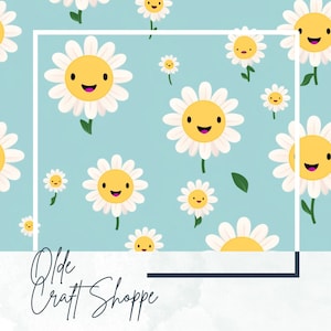 Archivo de patrón sin costuras, lindo dibujo animado Kawaii Happy Daisy sobre fondo azul, flor, papel digital, patrón textil, guardería para bebés, niños, PNG