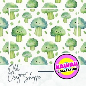 Archivo de patrón sin costuras, lindo brócoli de dibujos animados de acuarela kawaii, vegetales, verduras, papel digital para niños, tela textil, guardería para bebés, JPEG PNG