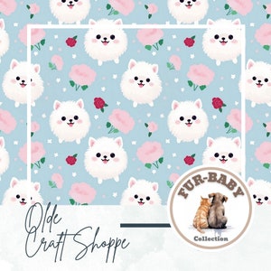 Seamless Pattern File, Kawaii Cute Cartoon White Pomeranian Puppies and Roses, Dog Breed, Digital Paper, Textile Pattern, Baby Nursery, Kids