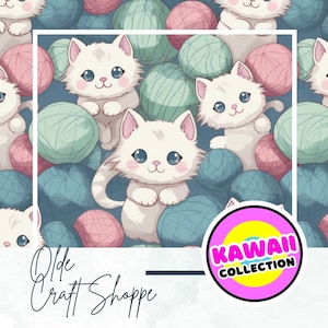 File modello senza soluzione di continuità, simpatico cartone animato Kawaii gattino bianco pastello e modello di filato, carta digitale, modello tessile, asilo nido, bambini, JPG PNG
