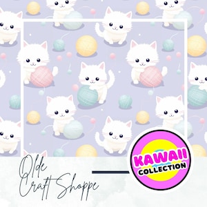 Nahtlos wiederholende Musterfliesendatei, Kawaii Pastell Pastell Cartoon Weißes Kätzchen und Wollknäuel, Digitales Papier, Textilgewebe, JPG PNG