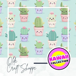 File di modello senza soluzione di continuità, carino kawaii pastello cartoon cactus, carta digitale, tessuto tessile, cameretta per bambini, bambini, PNG, JPEG