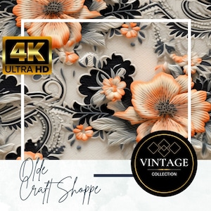 4K Embroidery Seamless File, Vintage Elegant Black and Peach Flowers, Digital Paper, 3D Texture, Textile Pattern, Fabric, PNG, JPEG