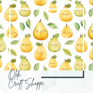 Archivo de patrón sin costuras, lindas peras de acuarela de dibujos animados kawaii, fruta, papel digital, tela textil, guardería para bebé, recién nacido, ropa, JPEG, PNG