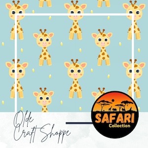 Archivo de patrón sin costuras, linda jirafa de dibujos animados Kawaii sobre fondo azul, animal safari, papel digital, patrón textil, guardería para bebés, JPEG PNG