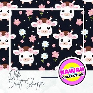 Archivo de patrón sin costuras, linda vaca de dibujos animados kawaii y flores sobre fondo azul, animal de granja, papel digital, patrón textil, guardería de bebé PNG