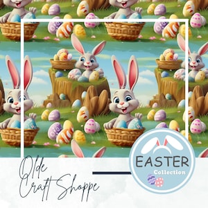 Seamless Repeating Pattern File, Adorable Cartoon Bunny Sitting in a Basket, Easter Eggs Hunt, Spring, Digital Paper, Textile Fabric, PNG