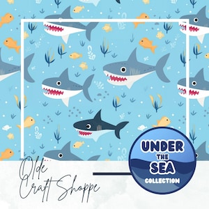 Seamless Pattern File, Cute Kawaii Cartoon Shark, Great White, Ocean Sea Life, Digital Paper, Textile Pattern, Under the Sea, JPG, PNG