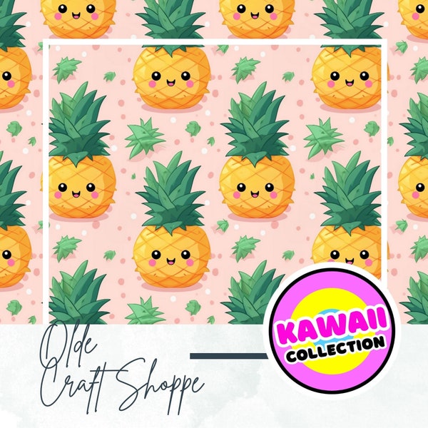 Seamless Pattern File, Cute Kawaii Cartoon Pineapple Pink Background, Hawaii Tropical Fruit Digital Paper Textile, Baby Nursery PNG | FD055
