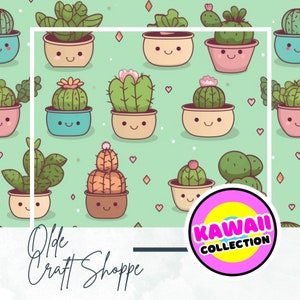 File di modello senza soluzione di continuità con cactus dei cartoni animati kawaii carino, piastrelle ripetute di piante tropicali in vaso, carta digitale, tessuto tessile, cameretta per bambini, PNG