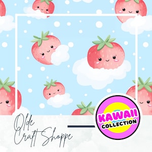 Archivo de patrón sin costuras, lindas fresas y nubes de acuarela con dibujos kawaii, fruta, patrón textil de papel digital, guardería para bebé, JPEG, PNG