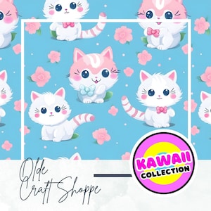 Archivo de patrón sin costuras, gatito de dibujos animados kawaii y sakura rosa sobre fondo azul, japonés, neko, papel digital animal, tela textil, niños