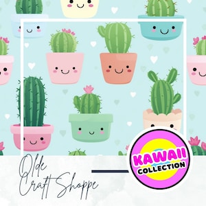 Archivo de patrones sin fisuras, lindo cactus de dibujos animados Kawaii sobre fondo azul, papel digital, patrón textil, vivero de bebé