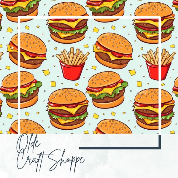 Seamless Pattern File, Burger and French Fries, Hamburger, Chips, Food Pair, Retro Groovy Diner, Digital Paper, Textile Fabric, JPEG PNG