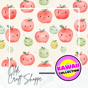 Archivo de patrón sin costuras, lindas manzanas rojas y verdes de acuarela de dibujos animados kawaii, fruta, patrón textil de papel digital, guardería para bebé JPEG, PNG