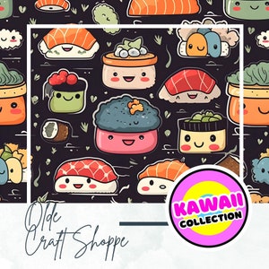 Seamless Repeating Pattern File, Cute Sushi Cartoon, Kawaii Food, Japanese, Asia, Fish Rice Roll, Digital Paper, Textile Fabric, JPG, PNG