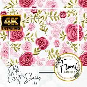 4k Premium Faux Embroidery Seamless Pattern File, Pink Roses on White Background, Digital Paper, 3D Texture, Textile Fabric Dress, PNG