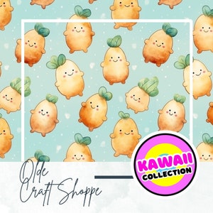 Archivo de patrón sin costuras, lindas papas de papa de dibujos animados de acuarela Kawaii, vegetales, verduras, patrón textil de papel digital, guardería para bebés, PNG