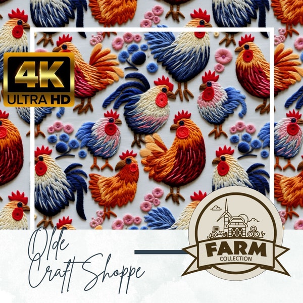 4K Premium Faux Embroidery Seamless Pattern File, Bright Colorful Floral Hen, Roosters, Chickens, Digital Paper, 3D Texture, Textile, PNG