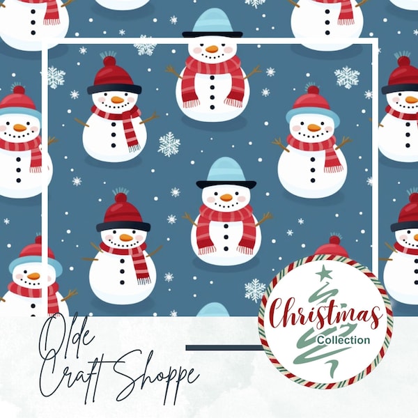 Seamless Pattern File, Cute Snowman with Hat and Scarf, Snowflakes Blue Background, Christmas, Winter, Digital Paper, Textile Pattern, Kids
